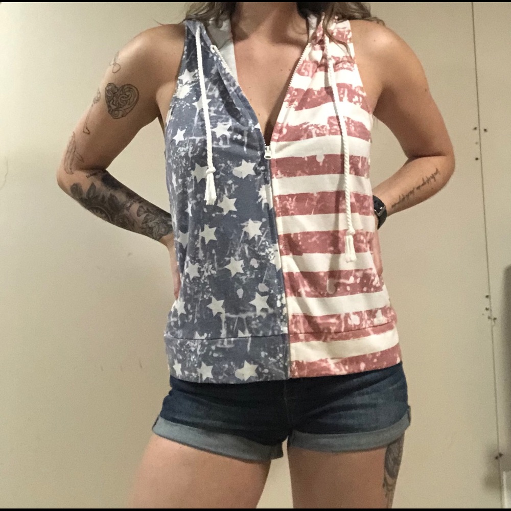 American flag, sleeveless, zip up hoodie